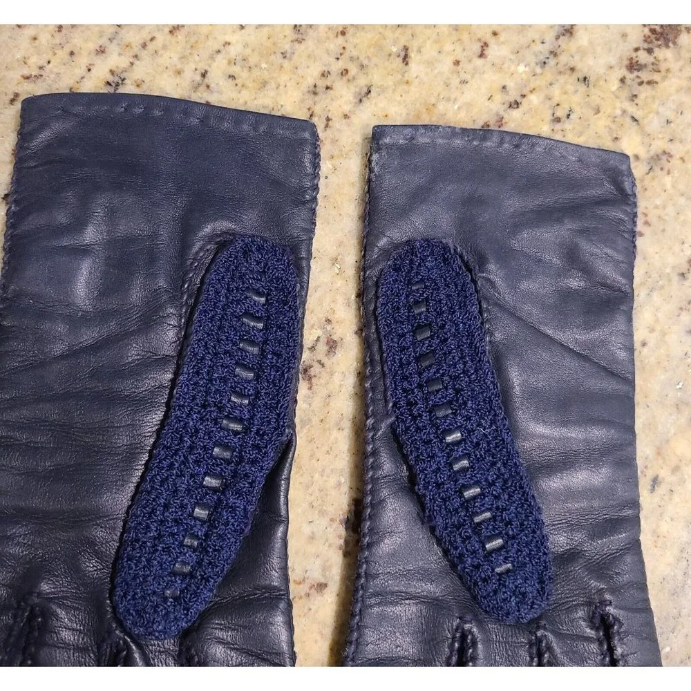 Vintage Size M 7 Blue Leather And Knit Handmade Gloves Hammer Of Hollywood